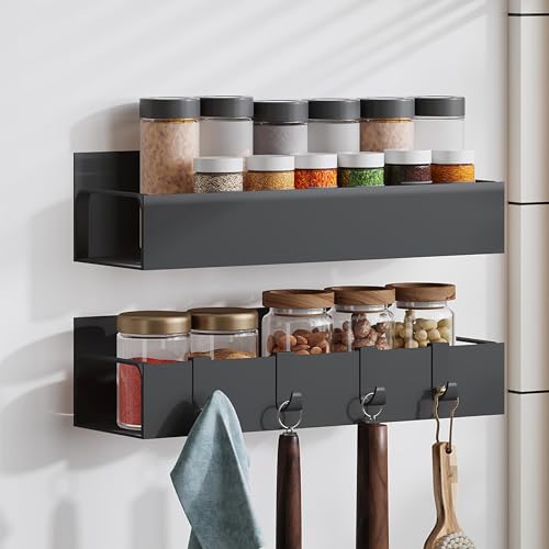 2 Stück Gewürzregal Wand Ohne Bohren, Magnetisches Gewürzregal Hängend Gewürz Organizer mit Haken Küchenregal Wand Ohne Bohren Für Küche, Schrank, Schranktür, Speisekammertür (Schwarz) von Shunfaji