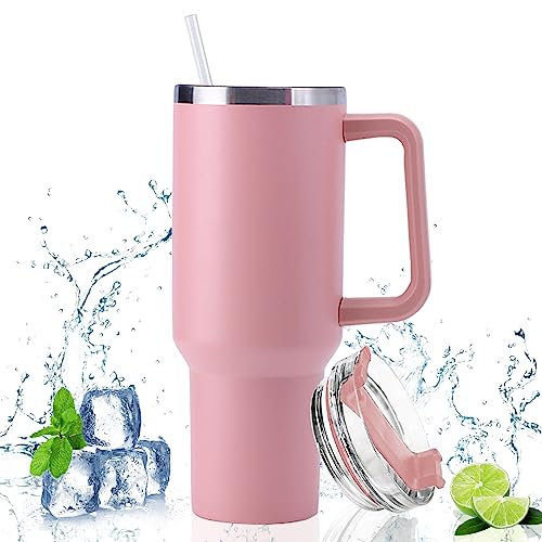 Doppelwandiger Edelstahl Vakuum Isolierbecher 40oz 1200ml Tragbare Autobecher Becher Tumbler mit Griff und Strohhalm Kaffeebecher Autobecher Reisebecher Thermobecher Für Kalte Heiße Getränke (rosa) von Shunfaji