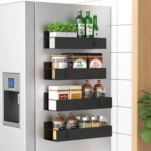 Gewürzregal Wand aus Metall, 4 Stück Gewürz Organizer Ohne Bohren, Magnetisches Gewürzregal Hängend mit Haken Küchenregal Wand Ohne Bohren Für Küche, Schrank, Schranktür, Speisekammertür von Shunfaji