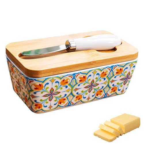 Shunfaji Butterdose Keramik Mit Bambusdeckel Butterglocke 14.8x8.5x6.5cm Porzellan Mit Dichtlippe Für Küche Tischdekoration Aufbewahrung Aufstrich Geschenk (B) von Shunfaji