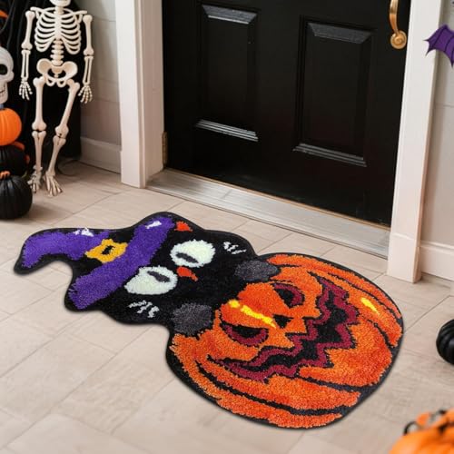 Shunfaji Halloween Fußmatte mit Geister Schwarz Katze Design Herstdeko Badteppich Kaschmir 50x80cm rutschfest Weich Absorbierender Teppich für Haustür Küche Wohnzimmer Halloween Deko (A) von Shunfaji