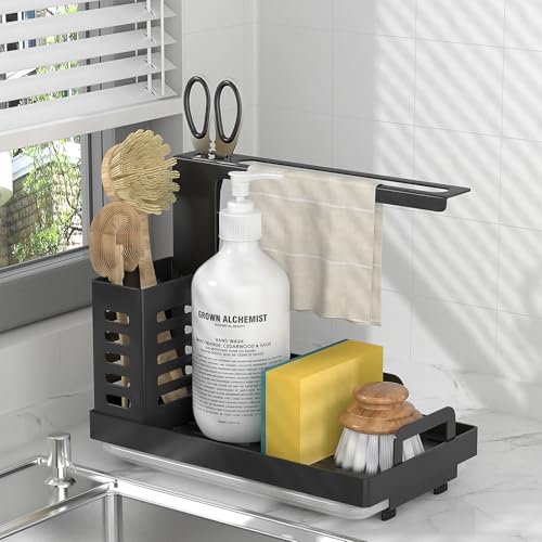 Shunfaji Spülbecken Organizer Schwarz Mit Abflusspfanne,Edelstahl Küchenutensilien,Waschbecken Organizer Schwammablage Küchen, Lappenhalter Spülbecken Küchenzubehör Schwamm Bürste Spülseife von Shunfaji