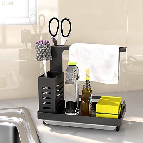 Spülbecken Caddy Organizer Utensilien Korb für Küche & Badezimmer mit Abflusspfanne, Klebstoff und Arbeitsplatte, Dual-Use Schwamm Bürste Seifenschale Halter Edelstahl (Schwarz) von Shunfaji