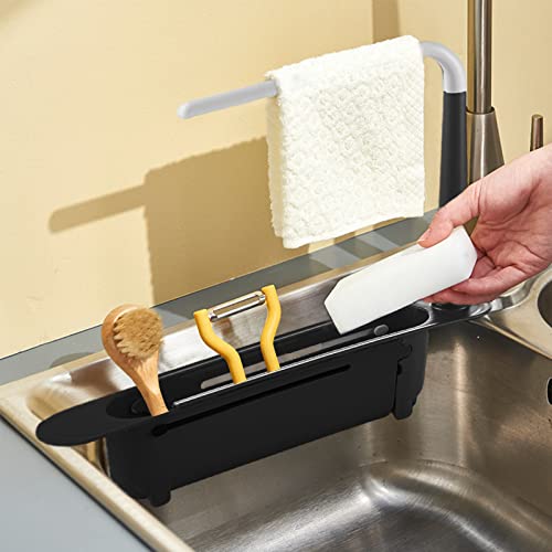 Waschbecken Caddy Teleskop Spülenhalter Spülbecken Organizer Küchen Schwamm Seifenhalter Organizer Waschbecken Sider Wasserhahn, Waschbeckenständer Erweiterbarer Ablagekorbhalter (Schwarz) von Shunfaji