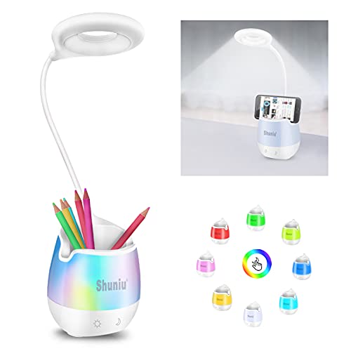 Schreibtischlampe für Kinder, Shuniu 20 LED Dimmbare Tischlampe mit 3 Helligkeitsstufen, RGB 256 Farblicht Bettlampe & Leselampe, Schreibtischleuchte mit Handyhalter Nachtlicht für Arbeiten Studieren von Shuniu