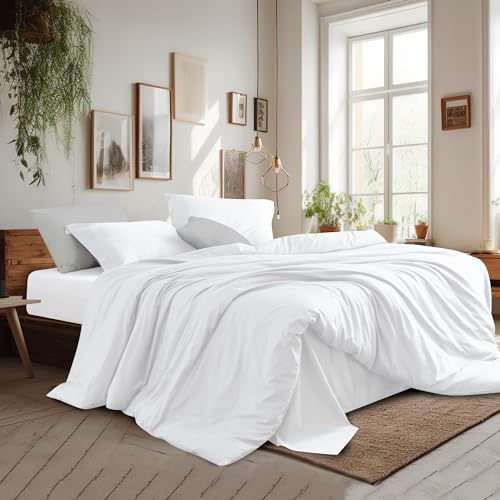 Bettbezug-Set, Queen-Size-Bett, 3-teiliges Heim-Bettwäsche-Set, 100 % ägyptische Baumwolle, 1 Bettbezug mit 2 Kissenbezügen, Fadenzahl 400, superweicher Bettbezug mit Eckbändern (228 x 228 cm, weiß) von Shunjie.Home