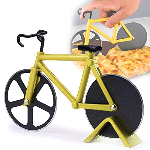 Fahrrad Pizzaschneider, Edelstahl-Pizzaschneider, Edelstahl-Fahrrad-Radschneider, Kuchenschneider, Antihaftbeschichteter Edelstahl Pizzaroller mit Ständer, 100% Essen Grade Pizza Schneider, (Gelb) von Shuny