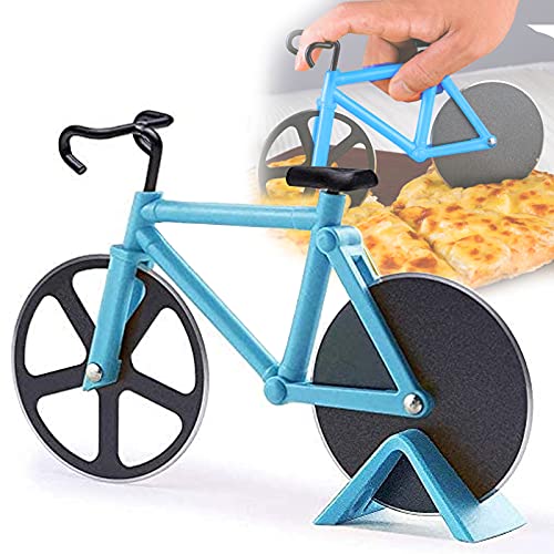 Fahrrad Pizzaschneider, Edelstahl-Pizzaschneider, Edelstahl-Fahrrad-Radschneider, Kuchenschneider, Antihaftbeschichteter Edelstahl Pizzaroller mit Ständer, 100% Essen Grade Pizza Schneider, Himmelblau von Shuny