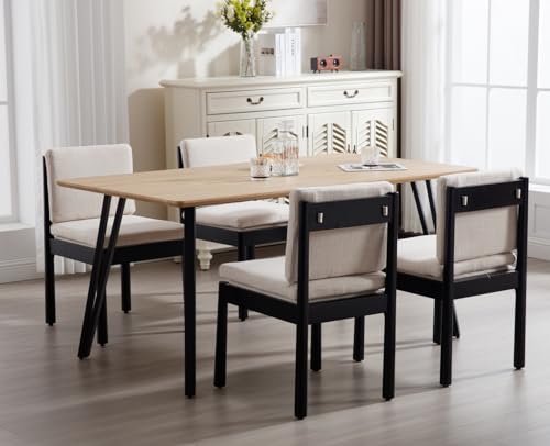 Shunzhi Beige gepolsterte Esszimmerstühle 4er Set Moderne Leinen Esszimmerstühle Schwarz Holz Seitenstühle Armlose Küchenstühle mit abnehmbarem Kissen für Wohnzimmer/Restaurant von Shunzhi