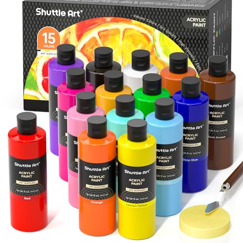 Shuttle Art Acrylfarben Set, 15 Acryl Farben in Flaschen (je 473ml, 16oz), hochpigmentierte Acrylic Paint, Acrylfarbe wasserfest für Künstler, Anfänger, Erwachsene auf Steine, Leinwand, Holz geeignet von Shuttle Art