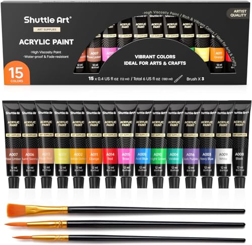 Shuttle Art Acrylfarben Set, 15 Acrylfarbe (je 12 ml) mit 3 Pinseln, künstlerische Qualität, für Kinder, Erwachsene und Künstler auf Leinwand, Holz, Tontöpfen, Stein und Stoff zum Malen geeignet von Shuttle Art