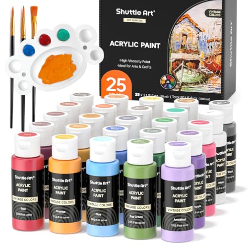 Shuttle Art Acrylfarben Set, 25 Vintage Acryl Farben in Flaschen (je 60ml) mit 3 Pinselset, Acrylfarbe wasserfest für Künstler, Anfänger, Kinder und Erwachsene auf Leinwand, Steine, Holz geeignet von Shuttle Art