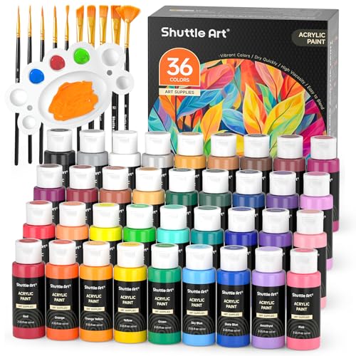 Shuttle Art Acrylfarben Set, 36 Acryl farben in Flaschen (je 60ml) mit 12 Pinselset & 1 Palette, ungiftig, Acrylfarbe wasserfest für Künstler, Anfänger, Erwachsene auf Leinwand, Steine, Holz geeignet von Shuttle Art