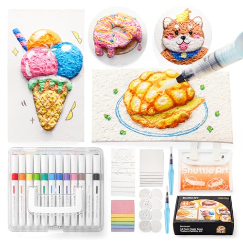 Shuttle Art 44 teiliges Schaum Textur Malset für Kinder, 3d Schaumstoff Malset mit 28 Schaumstoff Textur Malpapier, 12 Acrylstifte wasserfest, magisches Puffy Paint für Schaumtextur Malerei von Shuttle Art