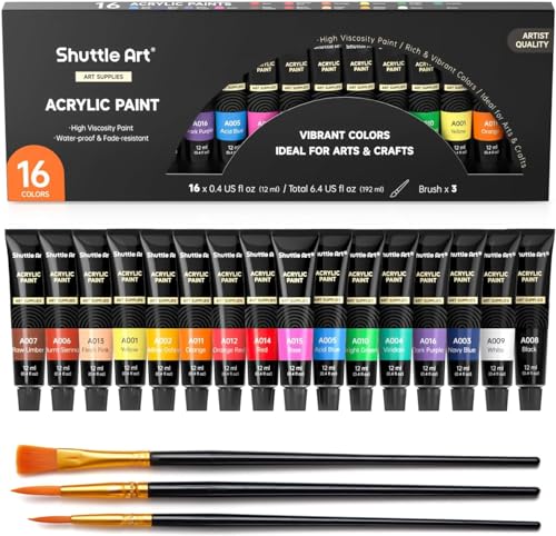 Shuttle Art Acrylfarbe Set, 16 x12ml (0.4 oz) Tuben Künstlerqualität ungiftig reiche Pigmente geeignet für Kinder Erwachsene Profession Malen auf Leinwand Holz Lehm Textil Keramik Handwerk von Shuttle Art