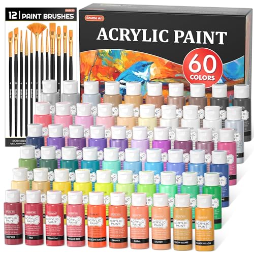 Shuttle Art 72 Stück Acrylfarben Set, 60 bunte Acryl Farben in Flaschen (je 60ml), hochpigmentiert, ungiftig, Acrylfarbe wasserfest für Künstler, Anfänger, Erwachsene auf Leinwand, Steine, Holz von Shuttle Art