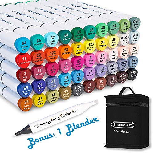 Shuttle Art Alkohol Marker, 50 buntes doppelseitiges Alkohol Marker Stifte Set mit Nr.0 Marker, Graphic Marker Stifte für Kinder & Erwachsene, Alkohol Stifte zum Zeichnen,Illustration,Skizzieren von Shuttle Art