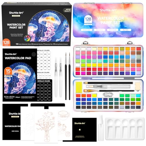Shuttle Art Aquarellfarben Set, 128 Wasserfarben mit 80 Farben + 48 Metallicfarben, Reise Aquarell Set mit Wasserpinseln, Palette, Aquarellblock für Erwachsene, Kinder, Wasserfarbkasten Tuschkasten von Shuttle Art
