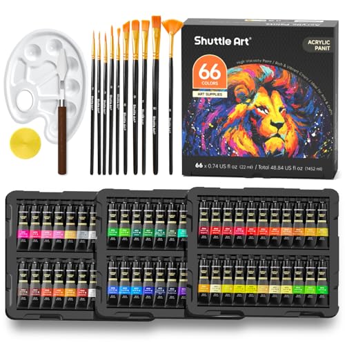 Shuttle Art 82 Pack Acrylfarben-Set, 66 Farben Acrylfarbe mit 10 Pinseln, 22ml/0.74oz Tuben, leuchtende Farben, Künstler-Malutensilien für Kinder, Erwachsene Malen & Basteln auf Leinwand von Shuttle Art