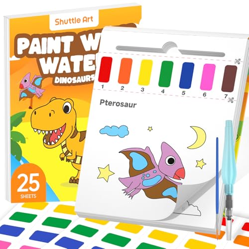 Shuttle Art Malbuch mit Wasserfarben für Kleinkinder, Wassermalbuch für Kinder mit 25 Seiten Dinosaurier Vorlagen, 2 Pinseln und Wassermalfarben, Wasserfarben nach Zahlen Kinder Malbuch ab 3-8 von Shuttle Art