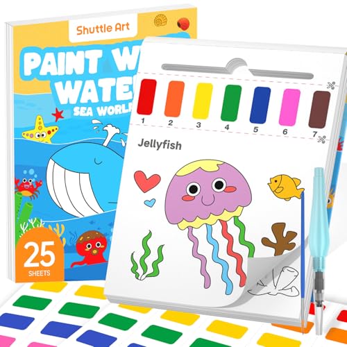 Shuttle Art Malbuch mit Wasserfarben für Kleinkinder, Wassermalbuch für Kinder mit 25 Seiten Unterwasserwelt Vorlagen, 2 Pinseln und Wassermalfarben, Wasserfarben nach Zahlen Kinder Malbuch ab 3-8 von Shuttle Art