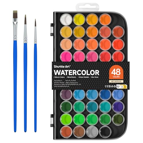 Shuttle Art Wasserfarben, 48 Aquarellfarben Kasten mit 3 Pinseln, Aquarellfarben, für Kinder, Erwachsene und Anfänger in der Schule und zu Hause geeignet von Shuttle Art