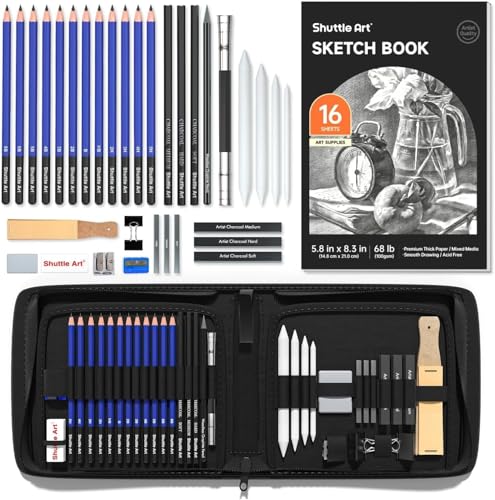 Shuttle Art Zeichenset, 37-teiliges professionelles Zeichenstifte Set, gehören Handtasche mit Reißverschluss, Malset mit Graphitstift, Kohlestift, Skizzenbuch, für Erwachsene und Kinder geeignet von Shuttle Art