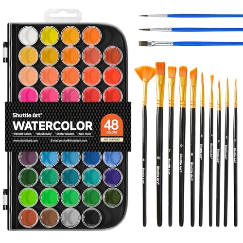 Shuttle Art 58 Pack Wasserfarben, 48 Farben Aquarellfarben Kasten mit 13 Pinseln, Aquarellfarben, für Kinder, Erwachsene und Anfänger in der Schule und zu Hause geeignet von Shuttle Art