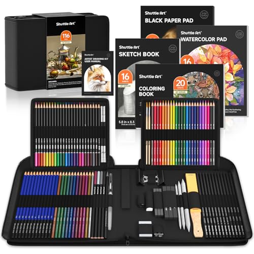 Shuttle Art Zeichenset, 116 teiliges Malset, Künstler Set, mit Buntstifte, Zeichenstifte, Aquarellstifte und Graphitstifte in einem Federmäppchen, für Kinder, Erwachsene zum Zeichnen geeignet von Shuttle Art