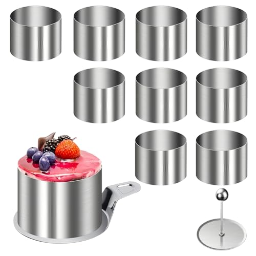 Shwdsy 10 Stück Dessertringe, Dessertringe 8cm, Edelstahl Servierringe, Silber Tortenring Set, mit Basis und Lifter für DIY Kuchen, Mousse, Desserts von Shwdsy