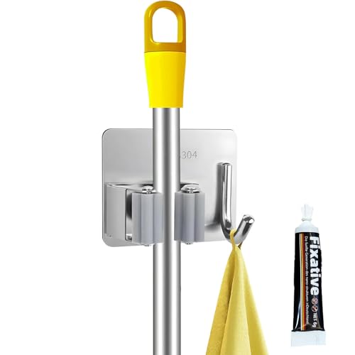 Shwdsy Keine Bohrlöcher Erforderlich Besenhalter, Edelstahl Besenhalterung, mit Haken Wandhalterung Besen, Geeignet für Badezimmer, Küche, Toilette, Garten von Shwdsy