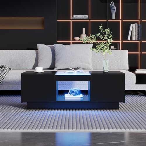 Couchtisch 100x50x35,5 cm – mit Glasverkleidung, LED-Beleuchtung, App-Steuerung, 2 Schubladen und 1 offenes Fach (Schwarz) von Shye