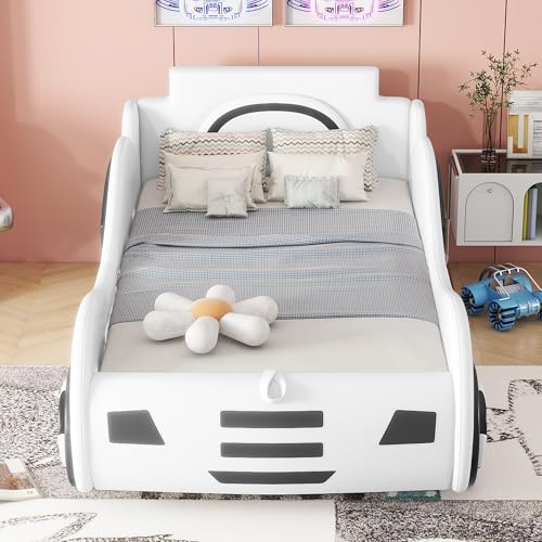 Flachbett, Bett mit Lattenrost (ohne Matratze), Modell Autobett, Autobett, Kinderbett, Kinderbett mit Unterbettstauraum, 90 x 200cm (Weiß) von Shye