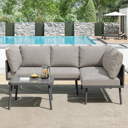 Garten-Lounge-Set aus Eisen, Gartenmöbel-Set, L-förmiges Gartenmöbel-Set, Lounge-Set aus mit Sitzkissen, verstellbaren Füßen, 2 Sofas und 1 Tisch (Grau) von Shye