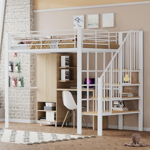 Hochbett Metallkonstruktion 140 x 200 Stabile, geräumiger Stauraum unter dem Bett und Treppe Ideal für Kinder und Erwachsene Stauraumbett für maximale Platzeffizienz von Shye