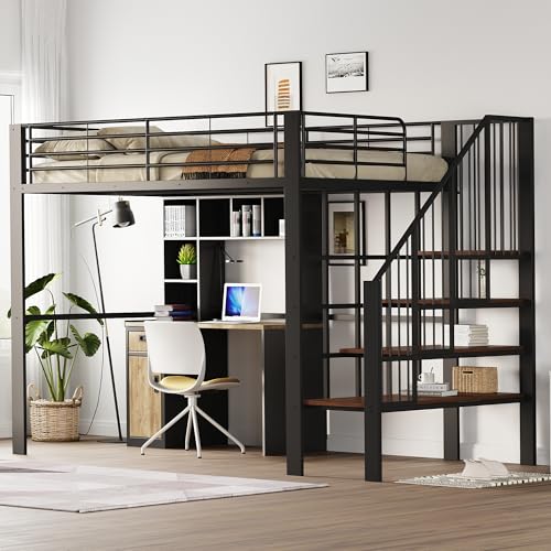 Hochbett Metallkonstruktion 140 x 200 Stabile mit geräumigem Stauraum unter dem Bett und Treppe Ideal für Kinder und Erwachsene Stauraumbett für maximale Platzeffizienz von Shye