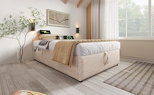 Kinder-Polsterbett 90x190 cm Naturfarbe mit Weißes Bücherregal Hydraulik-Stauraum USB-C Einzelbett Lattenrost Leinen ohne Matratze Kinder-Polsterbett 90x190 cm Naturfarbe mit Weißes Bücherregal Hydraulik-Stauraum USB-C Einzelbett Lattenrost Leinen ohne Matratze von Shye