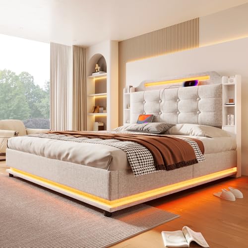 Polsterbett 140 * 200cm Mit LED-Lichtleiste hydraulischer Stauraum mehrere Ablagefächer ohne Matratze USB + Type-C Leinen Beige von Shye