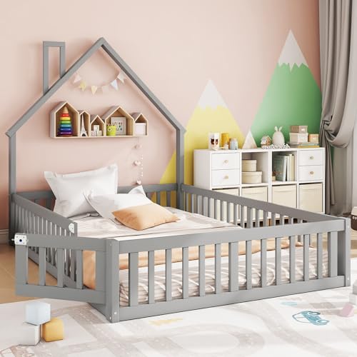 Polsterbett 140 x 190 cm Kinderbett Schornsteinform Lattenrost (ohne Matratze) Kiefernholz Minimalistischer Stil Grau von Shye