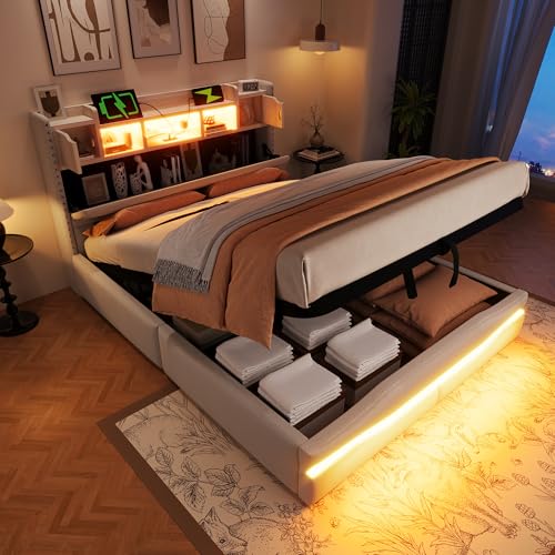 Polsterbett 140x200cm mit USB C Steckdose Ladefunktion ferngesteuerte Ambiente-Lichtleiste unter dem Bett Kopfteil mit Staufach hydraulisch Stauraumbett ohne Matratze mit LED-Leuch beige Polsterbett 140x200cm mit USB C Steckdose Ladefunktion ferngesteuerte Ambiente-Lichtleiste unter dem Bett Kopfteil mit Staufach hydraulisch Stauraumbett ohne Matratze mit LED-Leuch beige von Shye