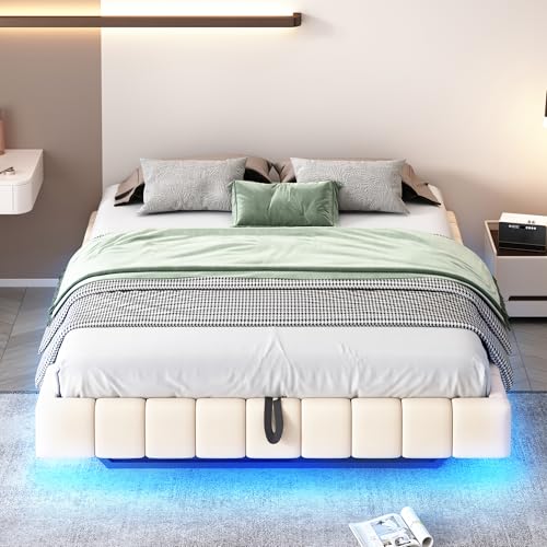 Polsterbett 160x200 cm Hydraulischer Schwebebettrahmen ohne Kopfteil mit LED-Licht Stauraum Multifunktionales Leinen Beige von Shye
