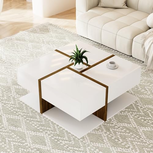 Shye Couchtisch, Tisch mit 4 Schubladen, einzigartige Farbabstimmung und Liniendesign, Stauraum unten. 78 * 78 * 36cm (Weiß) von Shye