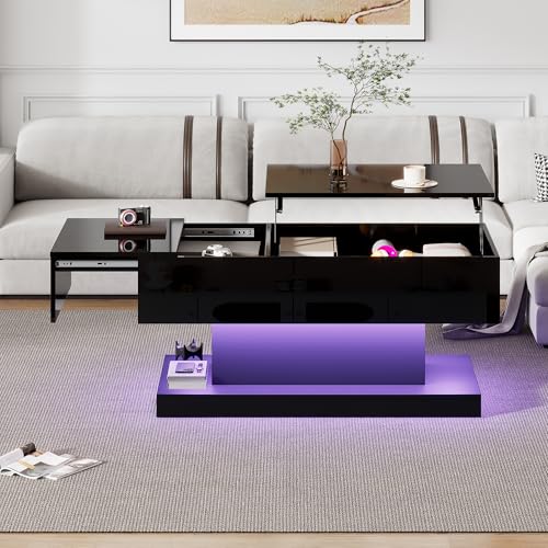 Shye Hochglanz-Lift-Teetisch LED Couchtische Kaffeetisch 100x50x45 cm mit LED-Beleuchtung – Halbhebbares Tischblatt und seitlich verschiebbares Design, hydraulischer Lift und Stauraum von Shye