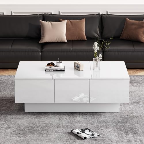 Shye Moderner Hochglanz-Couchtisch 100x55x35 cm - weiß, mit Schiebefunktion, 2 versteckte Fächer, 2 Schubladen - Elegantes Design für Ihr Wohnzimmer,Weißer Hochglanz-Couchtisch von Shye