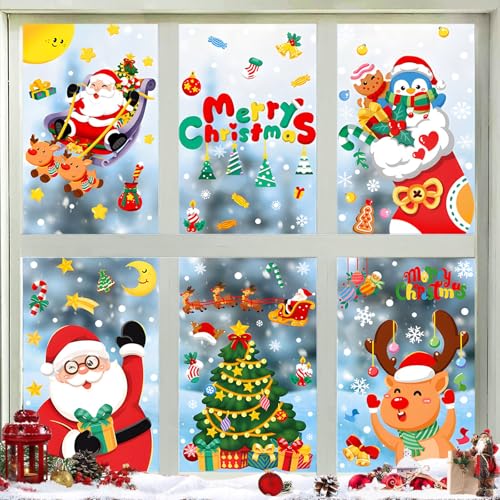 Shyllin 6 Blatt 246 pcs Doppelseitiger Weinachten Fenstersticker mit Werkzeug, Wiederverwendbar Fensterbilder Weihnachten Selbstklebend, Fensteraufkleber Weihnachtsmann, Fensterdeko Schneeflocken von Shyllin