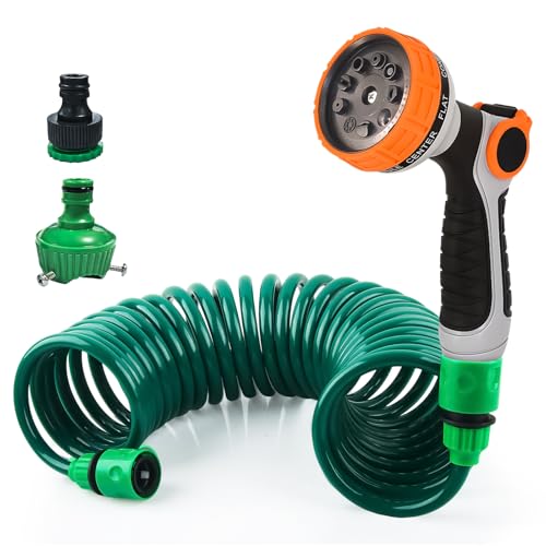 Shyllin Gartenschlauch Flexibel, Wasserschlauch Schlauchtrommel, 7.5M Spiralschlauch Komplett Set mit 9 Funktions Gartenbrause und Schlauchverbinder, für Autowäsche, Haustierdusche, Gartenbewässerung von Shyllin