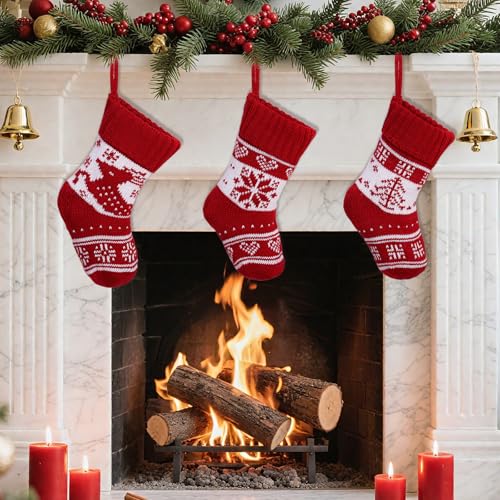 Shyllin Nikolausstrumpf Kinder, 3 Stück Weihnachtsstrumpf Gestrickt, Nikolausstiefel zum Befüllen und Aufhängen, Weihnachtsstrümpfe Kamin, Nikolaussocken Personalisiert für Weihnachtsdeko von Shyllin