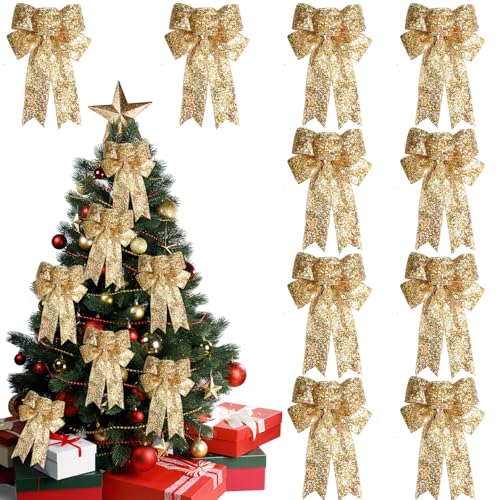 Shyllin Weihnachtsschleifen Schleifen Glitzer Weihnachtsbaum Bogen Schleife Satinband 10Pcs, Weihnachtsbaumschmuck Geschenkschleife 22x25cm, für Geschenkboxen Weihnachtskranz Geschenke Hochzeit Deko von Shyllin