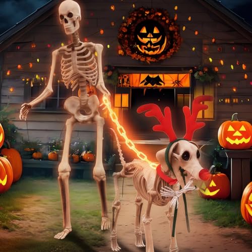 Shyyween 4 Stück Halloween 2,1 m Skelett Hund Zubehör Riesige Dekorationen inklusive 2 m wasserdichter LED-Lichtkette, übergroßes rotes Geweih, rote Nase und Halsband für Halloween Outdoor Party Dekor Shyyween 4 Stück Halloween 2,1 m Skelett Hund Zubehör Riesige Dekorationen inklusive 2 m wasserdichter LED-Lichtkette, übergroßes rotes Geweih, rote Nase und Halsband für Halloween Outdoor Party Dekor von Shyyween