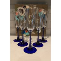 Vintage Fluted Champagne Americana Blue Von D'arques-Durand | Blaue Stiel Sektgläser Ein Sechser-Set von SiEstates